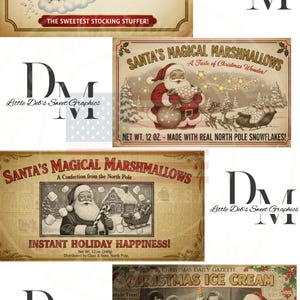 Puede incluir: Gráficos vintage con temática navideña que presentan a Papá Noel, renos y texto festivo. Los diseños incluyen "Santa's Magical Marshmallows" y "Christmas Ice Cream". Las imágenes evocan una sensación nostálgica de las fiestas.