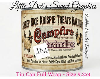 Primitive Farmhouse - Sheep Rice Krispie Treats Original Campfire - Halloween Tin Can FULL WRAP, Jar Labels (Digital Download) 9.2x4 size