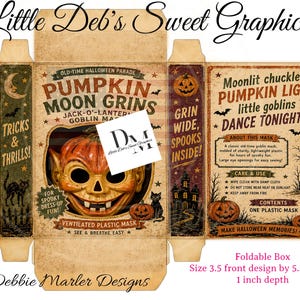 May include: A foldable box template for a vintage-style Halloween pumpkin mask. The design features text including Pumpkin Moon Grins, graphics of a jack-o'-lantern, a black cat, and a haunted house. Dimensions are 3.5 inches wide by 5.5 inches tall.