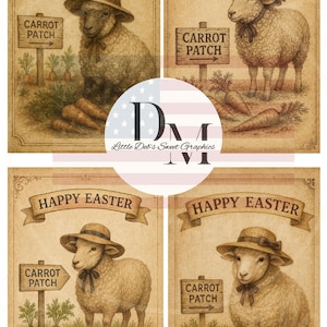 Puede incluir: Cuatro tarjetas de Pascua vintage con una oveja con sombrero, zanahorias y el texto "Happy Easter" y "Carrot Patch". Las tarjetas tienen un aspecto rústico y envejecido, con una paleta de colores suaves.