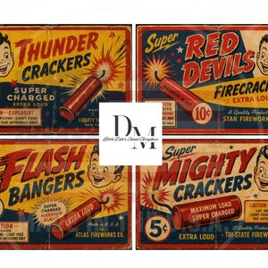 Pode incluir: Quatro rótulos de petardos em estilo vintage. Cada rótulo apresenta um menino de desenho animado, um petardo vermelho e textos como "Thunder Crackers" e "Extra Loud". Os rótulos têm uma aparência envelhecida e desgastada.