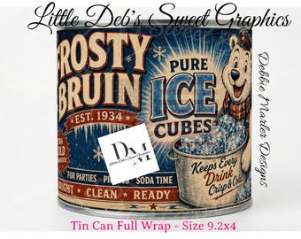 Primitive Farmhouse - Frosty Bruin Ice Cubes Advertisement - Polar Bear Ice Pantry Tin Can FULL WRAP, Jar Labels (Digital Download) 9.2x4