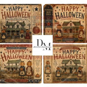 Puede incluir: Cuatro letreros rectangulares con ilustraciones de estilo vintage de casas y figuras con cabezas de calabaza. Cada letrero muestra el texto Happy Halloween, Pumpkin Head Girls y varias frases decorativas con un aspecto envejecido.