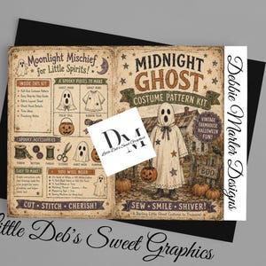 May include: A rectangular paper craft kit titled Midnight Ghost Costume Pattern Kit with a vintage aesthetic. The design features illustrations of a ghost costume, a pumpkin, and sewing supplies, with text detailing instructions and materials needed.