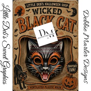 May include: A vintage-style cardboard packaging box for a Wicked Black Cat ventilated plastic mask. The box features orange and black Halloween graphics, including a witch, bats, a moon, and a pumpkin. Text includes Little Deb's Halloween Shop.
