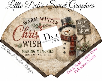 SNOW CONE - Primitive Farmhouse - Warm Winter Christmas Wishes - Label - Pantry Tin Can, Jar - Cut & Fold Make CONE - Digital Download