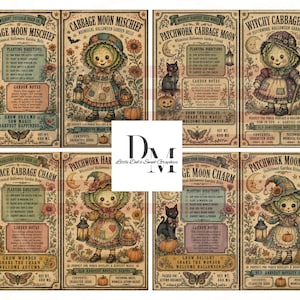 Puede incluir: Una colección de ocho etiquetas rectangulares para paquetes de semillas de estilo vintage con ilustraciones de muñecas con sombreros, gatos negros, calabazas y polillas. Cada etiqueta incluye textos como Cabbage Moon Mischief.