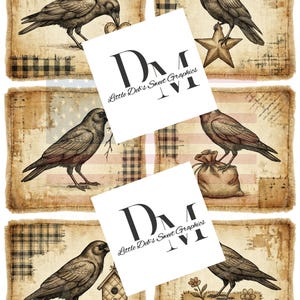 Puede incluir: Un collage de etiquetas de estilo vintage con ilustraciones de cuervos y varios objetos, como una estrella, una casita para pájaros y un saco. Las etiquetas tienen un aspecto envejecido y desgastado, con el texto "Little Deb's Sweet Graphics" y "Full Sheet 8.5x11 Labels Debbie Marter Designs."