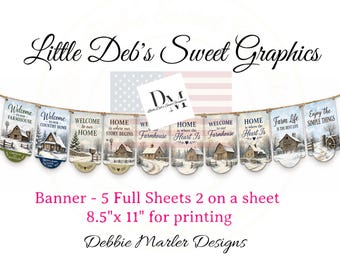 5 Full Sheets - 10 Designs Winter Snow Cabin Barn Primitive Style Banner, Garland, Bunting, Holiday, Party Decor Digital Download - NO HOLES