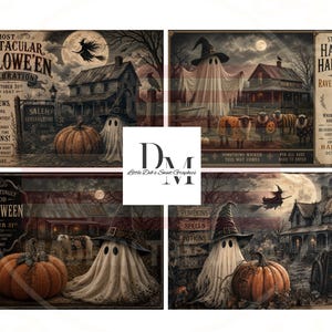 May include: A set of four vintage-style Halloween posters featuring ghosts, pumpkins, witches on broomsticks, and haunted houses. Text includes A Most Spooktacular Hallowe'en Celebration, Step Into A Haunted Halloween, and Salem Witch Supply.