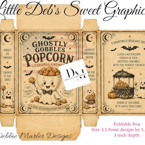 May include: A beige foldable box template featuring vintage-style Halloween graphics with ghosts, bats, and popcorn illustrations. Text includes "Ghostly Gobbles Popcorn" and "A Hauntingly Delicious Treat." Dimensions are 3.5 inches wide by 5.5 inches tall by 1 inch deep.