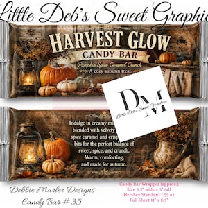 May include: A candy bar wrapper design titled Harvest Glow featuring a rustic autumn theme with pumpkins, a lit lantern, and fall foliage. The text includes Pumpkin Spice Caramel Crunch and a description of the flavor. Dimensions are 5.5 inches by 5 inches.