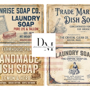 May include: Four vintage-style signs with text and illustrations. The signs advertise laundry soap and dish soap. The signs have a distressed, aged appearance with text such as "Sunrise Soap Co." and "The Empire Soap Co."