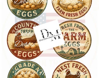Primitive Farmhouse 6 -3.5" Circle Labels - Full Sheet Prim Farm Fresh Eggs - Pantry, Kitchen Tin Can, Jar Lids Labels (Digital Download)