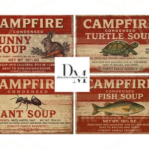 May include: Four vintage-style Campfire Condensed Soup labels. The labels feature illustrations of a bunny, turtle, ant, and fish. Each label has a rustic design with text indicating the soup type and ingredients. The net weight is 10 1/2 oz.