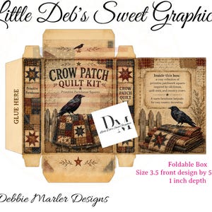 May include: A flat, unfolded cardboard box template for a Crow Patch Quilt Kit. The design features black crows, patchwork quilt squares, and wooden fences in sepia tones. Text includes Little Deb's Sweet Graphics, Crow Patch Quilt Kit, and dimensions of 3.5 inches wide by 5.5 inches tall by 1 inch deep.