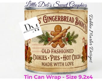 Primitive Farmhouse - Christmas Mrs. Claus Gingerbread Baking Co. - Pantry Labels - Tin Can FULL WRAP, Jar Labels (Digital Download) 9.2x4