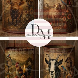 Peut inclure: Quatre conteneurs métalliques rustiques avec des illustrations d'animaux de ferme vintage. Chaque conteneur présente un animal différent : une vache des Highlands, un mouton, un coq et une chèvre. Des nichoirs, des tournesols et d'autres éléments floraux sont également inclus.