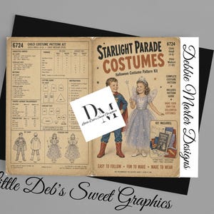 May include: A vintage-style Starlight Parade Costumes pattern kit for children, featuring illustrations of a superhero and a fairy costume. The paper envelope includes sizing charts, fabric requirements, and instructions for sewing Halloween costumes.