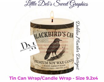 Primitive Farmhouse - Grungy Blackbird's Caw Crow Soy Candle Label - Tin Can FULL WRAP, Jar Labels (Digital Download) 9.2x4