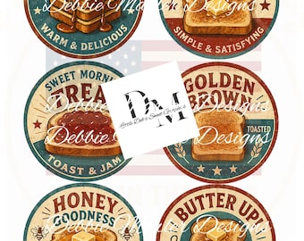 Farmhouse 6 -3.5" Circle Labels - Full Sheet Retro Breakfast Time Fresh Toast - Pantry, Kitchen Tin Can, Jar Lids Labels (Digital Download)