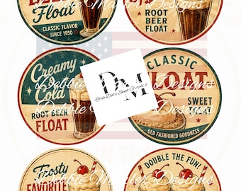 Prim Farmhouse 6 -3.5" Circle Labels - Full Sheet Retro Root Beer Float Shake - Pantry, Kitchen Tin Can, Jar Lids Labels (Digital Download)