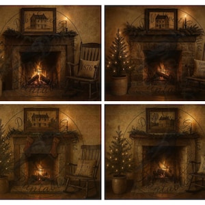 May include: A cozy, vintage-style scene featuring a fireplace with a roaring fire, framed artwork, and a small Christmas tree. A rocking chair and a pillow with the words "Home Sweet Home" add to the warm, inviting atmosphere.