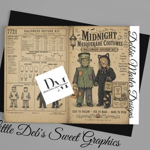 May include: A vintage-style Halloween pattern kit titled Midnight Masquerade Costumes, featuring illustrations of children in Frankenstein and cat costumes. The paper document includes detailed sewing instructions, fabric requirements, and cutting guides.
