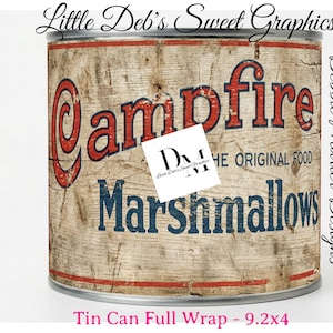 Farmhouse - Grungy Campfire Primitive Barnwood Original Marshmallow - Prim Country Label - Tin Can, Jar (Digital Download) 9.2x4 FULL Wrap
