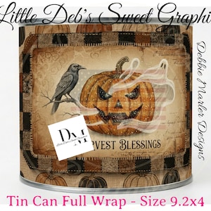 May include: A tin can wrap featuring a Halloween design. The design includes a carved orange pumpkin, a black crow, and the words "HARVEST BLESSINGS." The can wrap measures 9.2 inches by 4 inches.