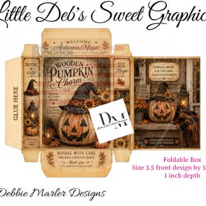 May include: A flat, unfolded cardboard box template featuring autumn-themed graphics of a jack-o'-lantern wearing a witch hat, sunflowers, and lanterns. The text reads Wooden Pumpkin Charm, Welcome Autumn Magic, and Handle With Care. Dimensions are 3.5 inches wide, 5.5 inches tall, and 1 inch deep.