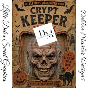 May include: A Crypt Keeper mask packaged in a vintage-style cardboard box. The box features illustrations of bats, a pumpkin, and a graveyard. Text on the box reads Little Deb's Halloween Shop, Crypt Keeper, Terror in a Box, and Ventilated Plastic Mask.