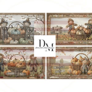 May include: Four rectangular fall-themed prints featuring scarecrows, pumpkins, and baskets. Each print has a rustic, vintage style with a wooden frame. The words "Happy Fall" are on a sign in two of the prints. The prints are in shades of brown, orange, and green.