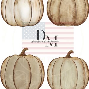 May include: Four watercolor pumpkins in shades of cream and brown. Each pumpkin has a stem and is divided into vertical sections. The pumpkins are arranged in a square. The image includes the text "Little Deb's Sweet Graphics".
