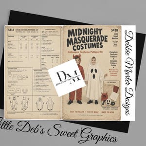 May include: A paper sewing pattern kit titled Midnight Masquerade Costumes 5418 for child sizes small and medium. The beige instruction sheet features a table of yardage requirements, cutting guides, and illustrations of a devil and ghost costume.