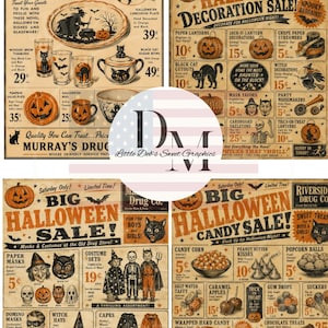 Op de afbeelding: Een verzameling van vier vintage Halloween-reclameposters met illustraties van pompoenen, heksen, zwarte katten, skeletten en diverse lekkernijen met prijzen in centen, op een achtergrond van beige papier.