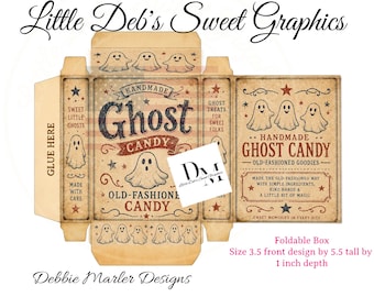 Digital Download Little Box - Farmhouse - Old Halloween Ghost Candy Gift Box Label - Pantry Kitchen Can FULL BOX Wrap - Fold & Make Box