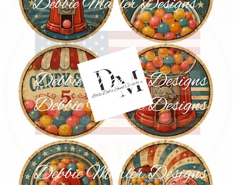 Prim Farmhouse 6 -3.5" Circle Labels - Full Sheet Retro Bubble Gum Machine - Pantry, Kitchen Tin Can, Jar Lids Labels (Digital Download)