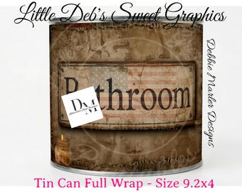Primitive Farmhouse - Bathroom Sign - Patriotic Homespun & Burlap - Prim Country Tin Can FULL WRAP, Jar Labels (Digital Download) 9.2x4