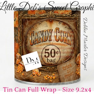 Op de afbeelding: Een cilindrische blikverpakking met een vintage ontwerp. De blik toont de woorden "CANDY CORN" in oranje, een label "50¢ bag" en een jute zak "trick or treat". Afmetingen: ongeveer 23,37 x 10,16 cm.