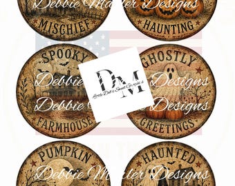 Primitive Farmhouse 6 -3.5" Circle Labels - Full Sheet Vintage Ghost, Pumpkins - Pantry, Fall Tin Can, Jar Lids Labels (Digital Download)