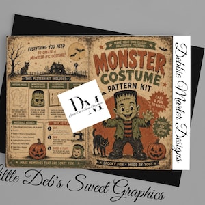Op de afbeelding: Een rechthoekige Monster Kostuum Patroon Kit met vintage-stijl afbeeldingen van een Frankenstein-achtig personage, pompoenen en een zwarte kat. De tekst bevat "Monster Costume Pattern Kit" en "Debbie Marler Designs".