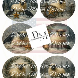 May include: A digital sheet of six circular graphics featuring sheep, crows, and rustic stars in snowy winter landscapes. The text Little Deb's Sweet Graphics and Debbie Marler Designs appears throughout. A label indicates a full sheet size of 8.5x11 inches.