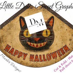 May include: A printable craft sheet featuring a black cat face with yellow eyes and a toothy grin on a tan, distressed background. The text reads "HAPPY HALLOWEEN" in orange letters. The sheet includes "Little Deb's Sweet Graphics" and "Cut & Fold - Hat Cone Full sheet 8.5x11".