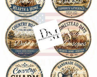 Primitive Farmhouse 6 -3.5" Circle Labels - Full Sheet Highland Cow, Hearth Home - Pantry, Prim Tin Can, Jar Lids Labels (Digital Download)