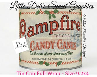 Primitive Farmhouse - Campfire Original Bakery - Christmas Candy Canes Winter Treat Tin Can FULL WRAP, Jar Labels (Digital Download) 9.2x4