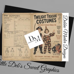 May include: A vintage-style Twilight Treasure Costumes Halloween pattern kit envelope featuring illustrations of a child dressed as a pirate and a harlequin. The tan paper envelope includes printed text, sizing charts, and a white square logo overlay.