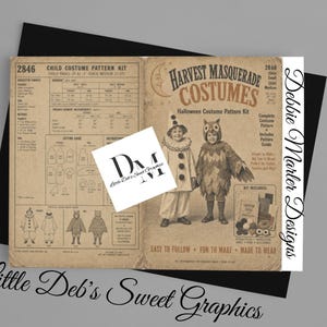 May include: A vintage-style paper sewing pattern kit titled Harvest Masquerade Costumes, featuring illustrations of children in clown and owl outfits. The tan-colored document includes detailed sizing charts, cutting guides, and assembly instructions.