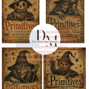 May include: Four rectangular signs with a sepia-toned, aged paper texture. Each features a witch or a jack-o'-lantern character, stars, and decorative borders. The text includes the word Primitives and various phrases like Handmade Goods.