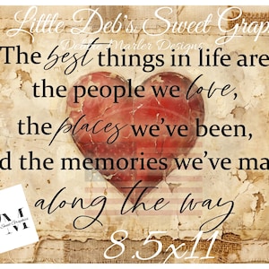 May include: A rustic-style print with the text "The best things in life are the people we love, the places we've been, and the memories we've made along the way." A large red heart is in the center. The print measures 8.5 x 11 inches.